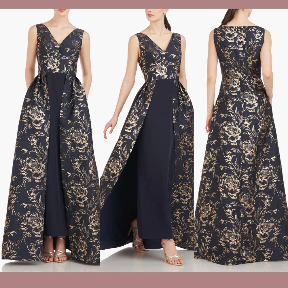 Used once-$398 Kay Unger [ 8 ] V Neck Sterling Metallic Jacquard Gown Blue Gold